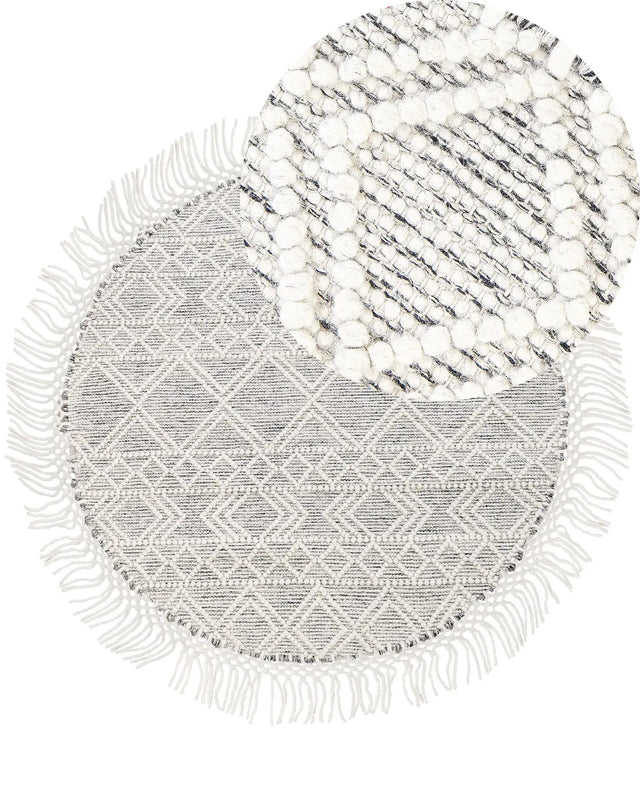 Area Rug Grey and Off-White Wool Polyester  140 cm Hand Woven Flat Weave with Tassels Geometric Pattern Beliani