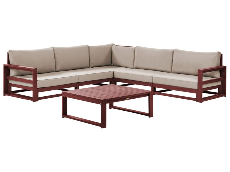 Garden Corner Sofa Set Mahogany Brown and Taupe Acacia Wood Outdoor 5 Seater with Coffee Table Cushions Modern Design Beliani