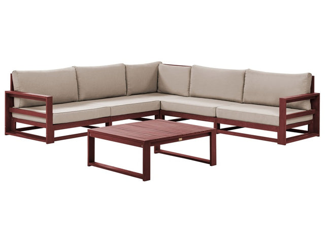 Garden Corner Sofa Set Mahogany Brown and Taupe Acacia Wood Outdoor 5 Seater with Coffee Table Cushions Modern Design Beliani