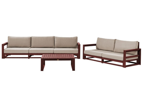 Garden Sofa Set Mahogany Brown and Taupe Acacia Wood Outdoor 5 Seater 2 Sofas with Coffee Table Cushions Modern Design Beliani