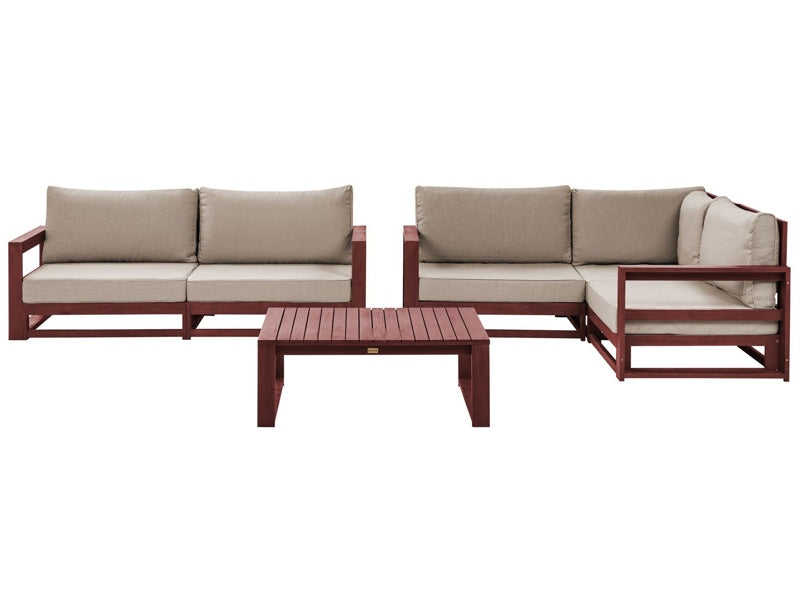 Garden Sofa Set Mahogany Brown and Taupe Acacia Wood Outdoor 4 Seater 2 Sofas with Coffee Table Cushions Modern Design Beliani