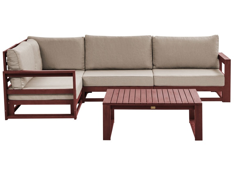 Garden Corner Sofa Set Mahogany Brown and Taupe Acacia Wood Outdoor Right Hand 4 Seater with Coffee Table Cushions Modern Design Beliani