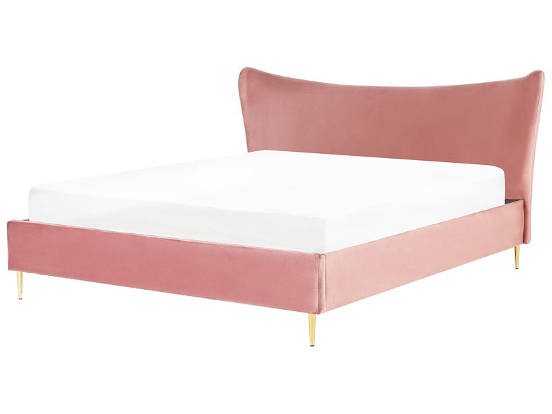 EU Super King Size Bed Pink Velvet 6ft Upholstered Frame Metal Legs Slatted Base Headboard Modern Glam Style Bedroom Beliani