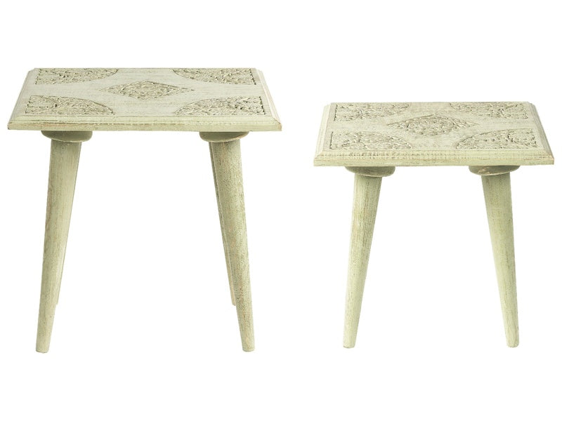 Set of 2 Nesting Side Tables Green and Gold Distressed Mango Wood Square Modern End Side Tables for Living Room Retro Vintage Design Beliani