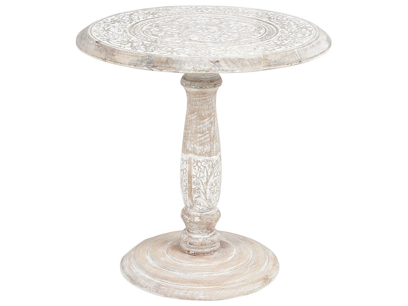 Side Table Off-White with Carved Pattern Round Mango Wood ⌀ 45 cm Living Room Hallway Rustic Oriental Beliani