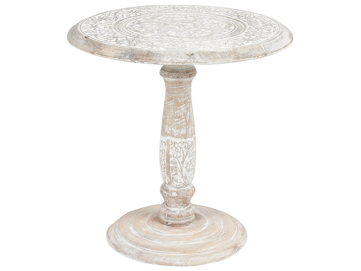 Side Table Off-White with Carved Pattern Round Mango Wood  45 cm Living Room Hallway Rustic Oriental Beliani