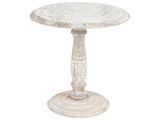 Side Table Off-White with Carved Pattern Round Mango Wood  45 cm Living Room Hallway Rustic Oriental Beliani