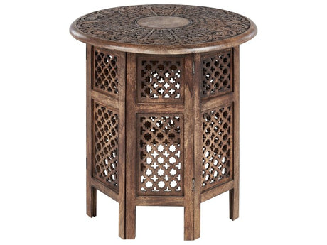 Side Table Dark Mango Wood Round Carved Top Round Base ø 53 cm Traditional Design Beliani