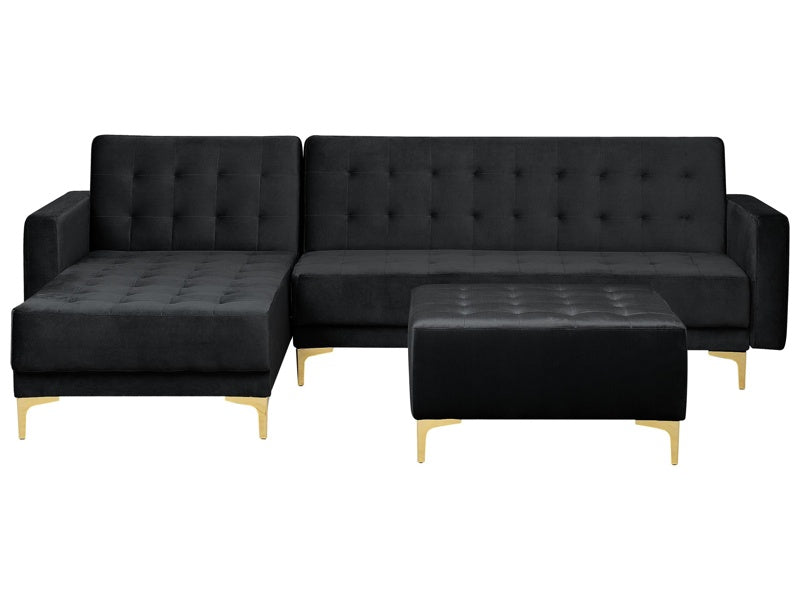 Corner Sofa Bed Black Velvet Tufted Fabric Modern L-Shaped Modular 4 Seater with Ottoman Right Hand Chaise Longue Beliani