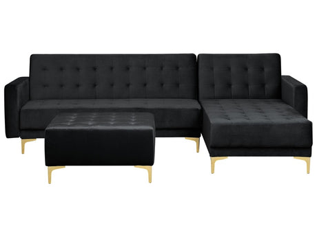 Corner Sofa Bed Black Velvet Tufted Fabric Modern L-Shaped Modular 4 Seater with Ottoman Left Hand Chaise Longue Beliani