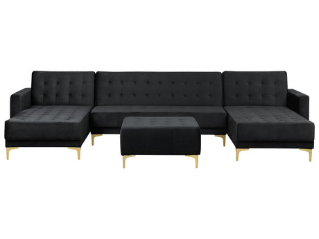 Corner Sofa Bed Black Velvet Tufted Fabric Modern U-Shaped Modular 5 Seater with Ottoman Chaise Lounges Beliani