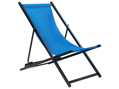 Folding Deck Chair Blue Textilene Sling Seat Beach Chair Adjustable Backrest Patio Recliner Beliani