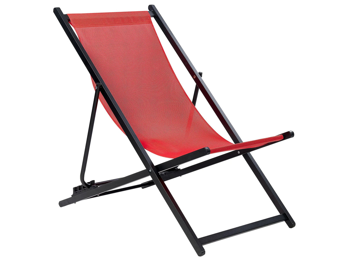 Folding Deck Chair Red Textilene Sling Seat Beach Chair Adjustable Backrest Patio Recliner Beliani