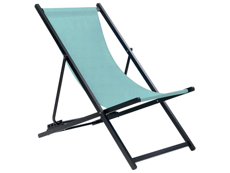 Folding Deck Chair Turquoise Black Textilene Sling Seat Beach Chair Adjustable Backrest Patio Recliner Beliani