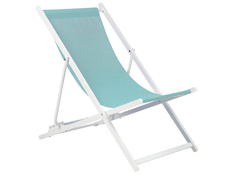 Folding Deck Chair Turquoise White Textilene Sling Seat Beach Chair Adjustable Backrest Patio Recliner Beliani