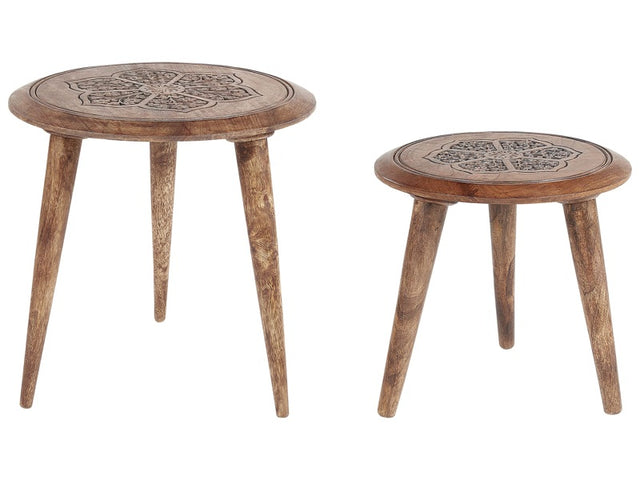 Set of 2 Side Tables Dark Mango Wood Decorative Coffee Side Table Small Living Room Furniture Oriental Design Beliani