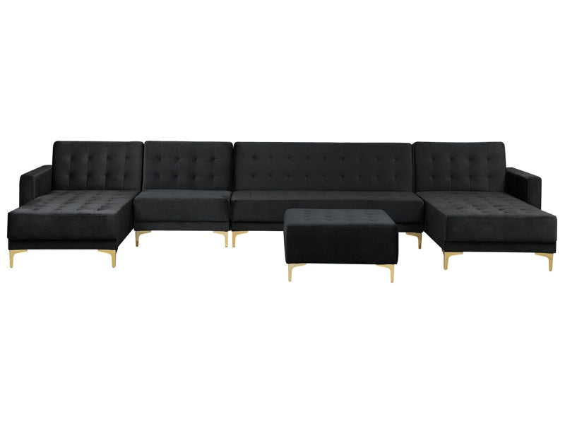 Corner Sofa Bed Black Velvet Tufted Fabric Modern U-Shaped Modular 6 Seater with Ottoman Chaise Lounges Beliani