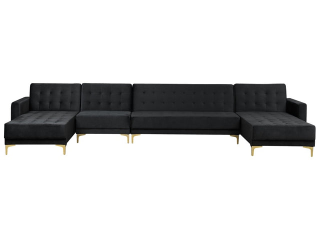 Corner Sofa Bed Black Velvet Tufted Fabric Modern U-Shaped Modular 6 Seater with Chaise Lounges Beliani