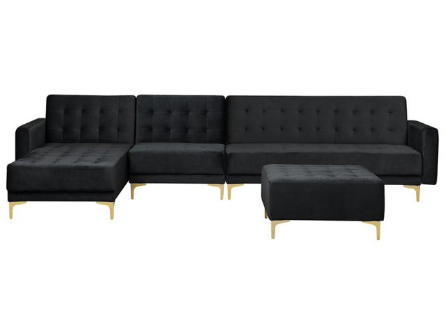 Corner Sofa Bed Black Velvet Tufted Fabric Modern L-Shaped Modular 5 Seater with Ottoman Right Hand Chaise Longue Beliani