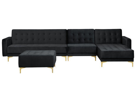 Corner Sofa Bed Black Velvet Tufted Fabric Modern L-Shaped Modular 5 Seater with Ottoman Left Hand Chaise Longue Beliani