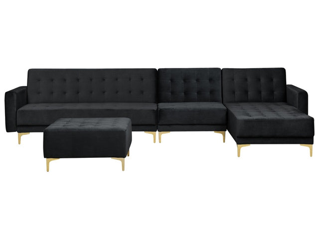 Corner Sofa Bed Black Velvet Tufted Fabric Modern L-Shaped Modular 5 Seater with Ottoman Left Hand Chaise Longue Beliani