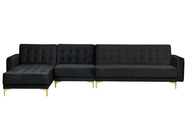 Corner Sofa Bed Black Velvet Tufted Fabric Modern L-Shaped Modular 5 Seater Left Hand Chaise Longue Beliani