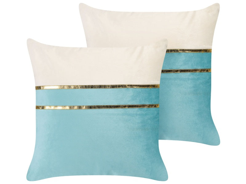 Set of 2 Decorative Cushions Blue and Beige Velvet 45 x 45 cm with Gold Lines Glamour Modern Living Room Bedroom Beliani