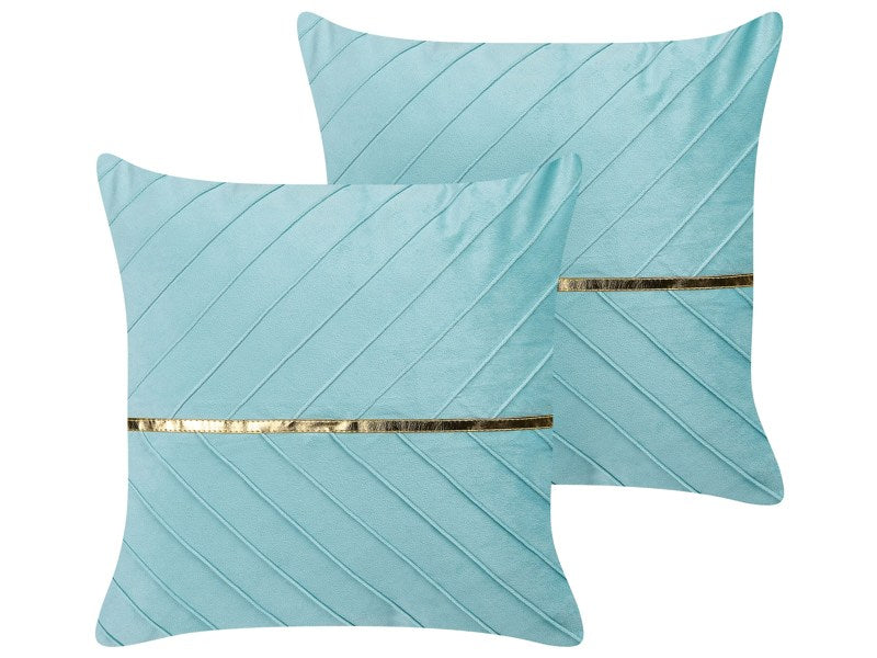 Set of 2 Decorative Cushions Light Blue Velvet 45 x 45 cm with Gold Accent Glamour Modern Living Room Bedroom Beliani