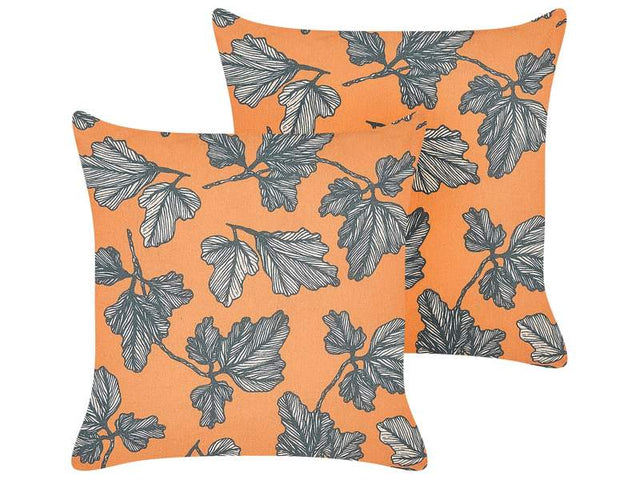 Set of 2 Scatter Cushions Orange and Black Linen Cotton Polyester 45 x 45 cm with Leaf Pattern Removable Covers Zipper Closure Modern Traditional Living Room Beliani