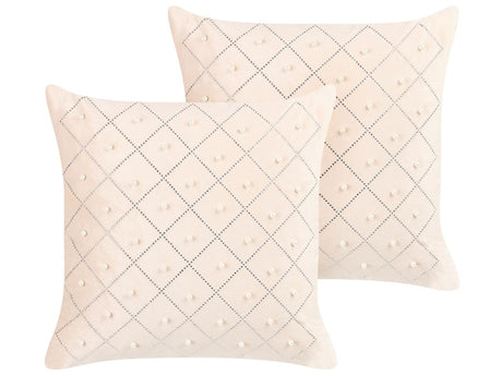 Set of 2 Cushions Beige Velvet 45 x 45 cm with Decorative Elements Glamour Modern Living Room Bedroom Beliani