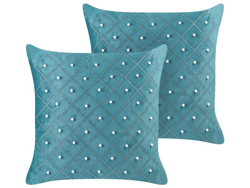 Set of 2 Cushions Teal Velvet 45 x 45 cm with Decorative Elements Glamour Modern Living Room Bedroom Beliani