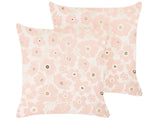 Set of 2 Scatter Cushions Beige and Pink Velvet 45 x 45 cm Throw Pillow Floral Pattern Flower Motif Removable Cover with Filling Beliani