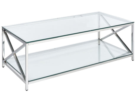 Coffee Table Transparent Glass Top Silver Stainless Steel Frame 120 x 60 cm Glam Modern Living Room Bedroom Hallway Beliani