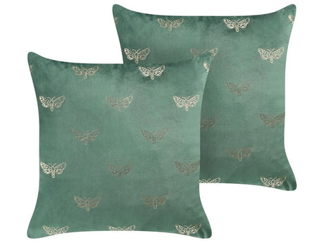 Set of 2 Scatter Cushions Green Velvet 45 x 45 cm Throw Pillow Butterfly Pattern Removable Cover with Filling Beliani