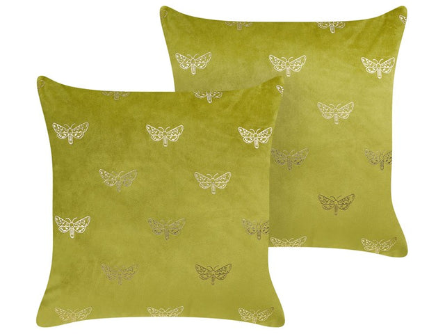 Set of 2 Scatter Cushions Light Green Velvet 45 x 45 cm Throw Pillow Butterfly Pattern Removable Cover with Filling Beliani