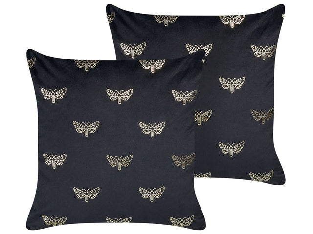 Set of 2 Scatter Cushions Black Velvet 45 x 45 cm Throw Pillow Butterfly Pattern Removable Cover with Filling Beliani