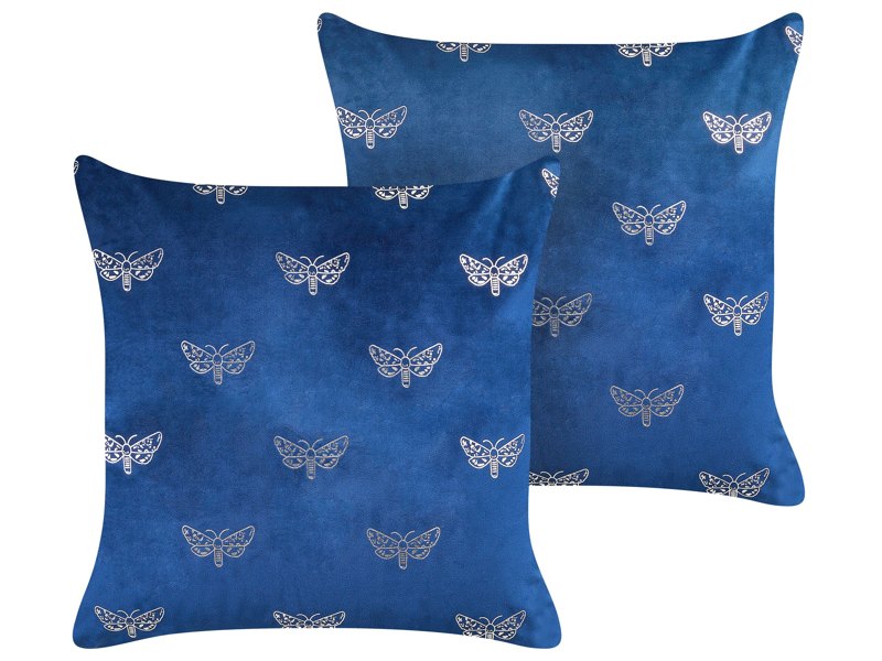 Set of 2 Scatter Cushions Blue Velvet 45 x 45 cm Throw Pillow Butterfly Pattern Removable Cover with Filling Beliani