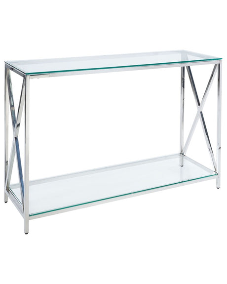 Console Table Transparent Glass Top Silver Stainless Steel Frame 120 x 40 cm Glam Modern Living Room Bedroom Hallway Beliani