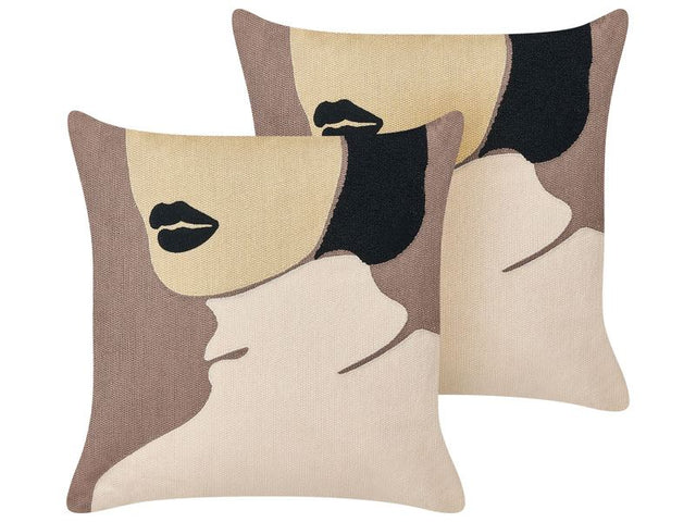 Set of 2 Throw Cushions Brown Beige Woman Face Motif 45 x 45 cm Decorative Pillow Home Accessory Beliani