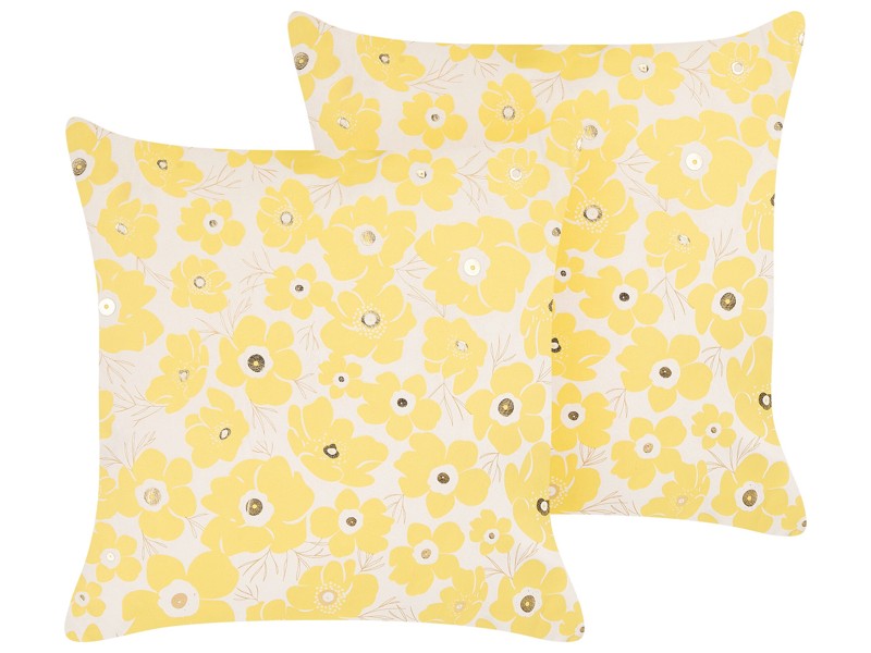 Set of 2 Scatter Cushions Beige and Yellow Velvet 45 x 45 cm Throw Pillow Floral Pattern Flower Motif Removable Cover with Filling Beliani