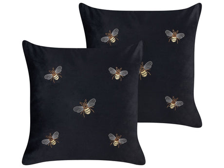 Set of 2 Decorative Cushions Black Bees Motif 45 x 45 cm Velvet Polyester Modern Glamour Decor Accessories Beliani