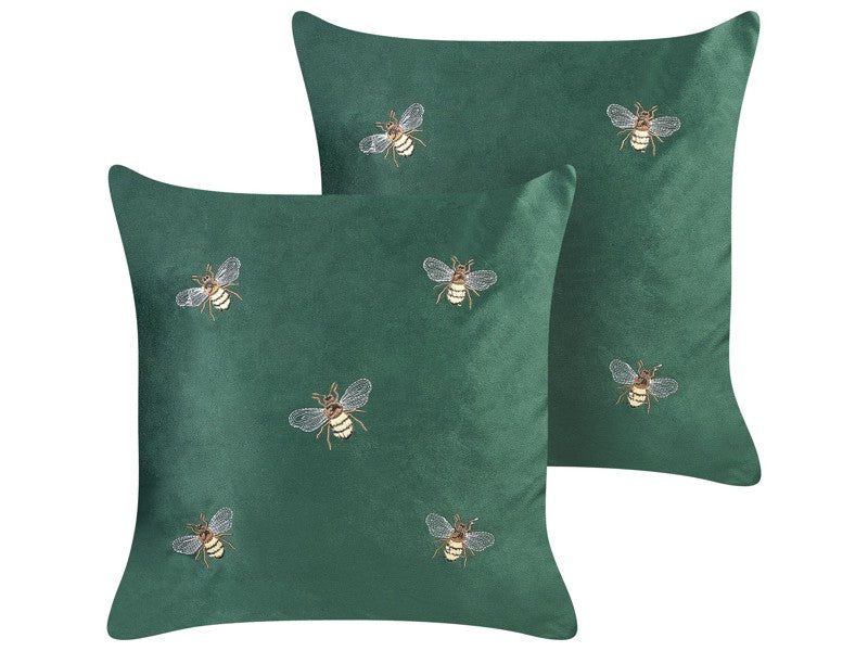 Set of 2 Decorative Cushions Green Bees Motif 45 x 45 cm Velvet Polyester Modern Glamour Decor Accessories Beliani