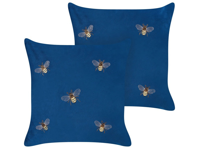 Set of 2 Decorative Cushions Blue Bees Motif 45 x 45 cm Velvet Polyester Modern Glamour Decor Accessories Beliani