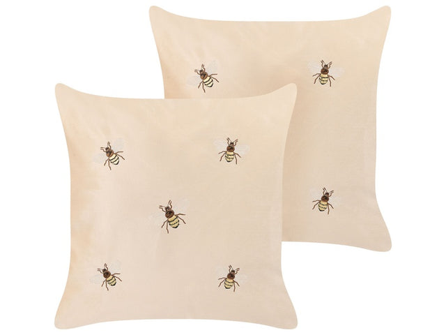 Set of 2 Decorative Cushions Beige Bees Motif 45 x 45 cm Velvet Polyester Modern Glamour Decor Accessories Beliani