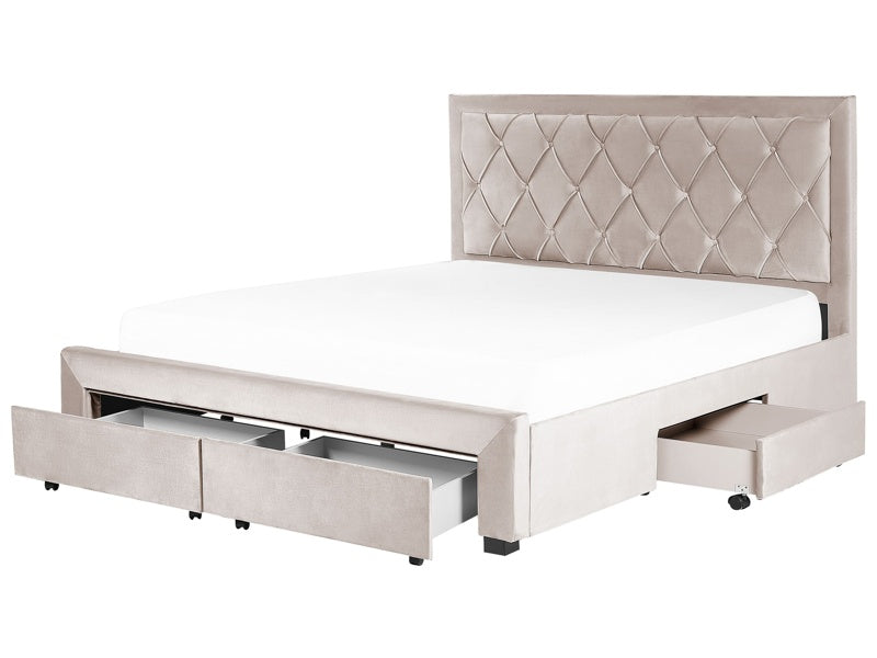 Storage Bed Beige Velvet Upholstery EU Super King Size 6ft Tufted Tall Headboard Drawers Glam Design Beliani