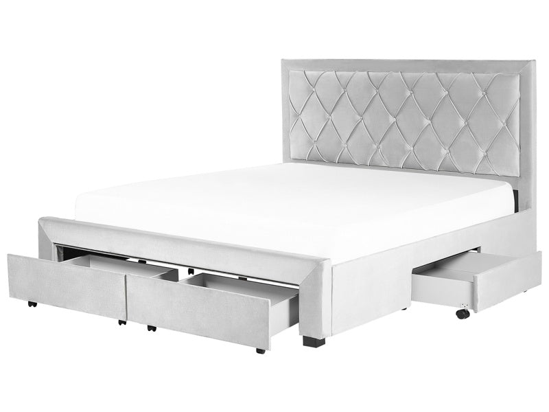 Storage Bed Light Grey Velvet Upholstery EU Super King Size 6ft Tufted Tall Headboard Drawers Glam Design Beliani