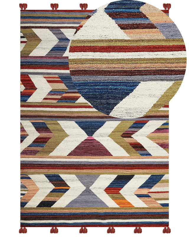 Kilim Area Rug Multicolour Wool and Cotton 140 x 200 cm Handmade Woven Boho Striped Pattern with Tassels Beliani