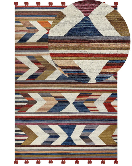 Kilim Area Rug Multicolour Wool and Cotton 200 x 300 cm Handmade Woven Boho Striped Pattern with Tassels Beliani