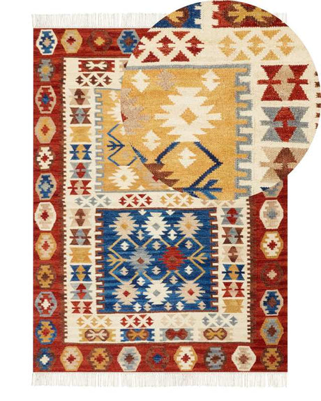 Kilim Area Rug Multicolour Wool 140 x 200 cm Hand Woven Flat Weave Oriental Pattern with Tassels Traditional Living Room Bedroom Beliani