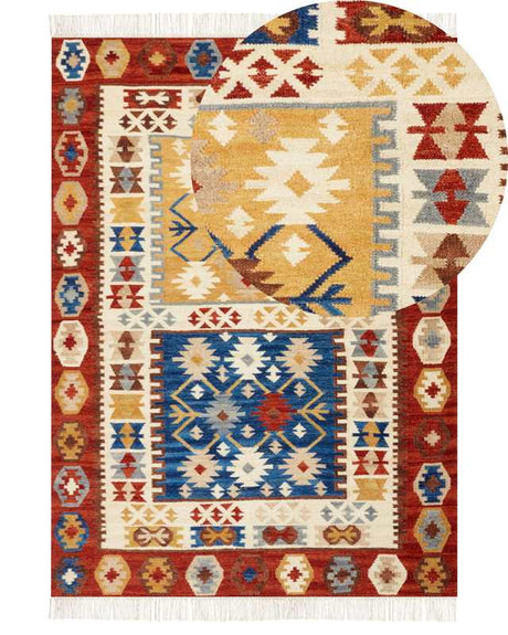 Kilim Area Rug Multicolour Wool 200 x 300 cm Hand Woven Flat Weave Oriental Pattern with Tassels Traditional Living Room Bedroom Beliani